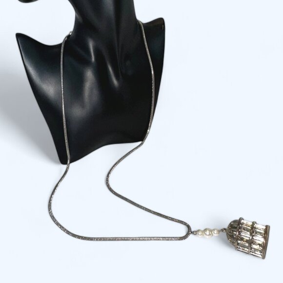 Vintage Long Silver Tone Necklace Bird Cage Pendant Articulated Bird Dangling - Picture 2 of 7